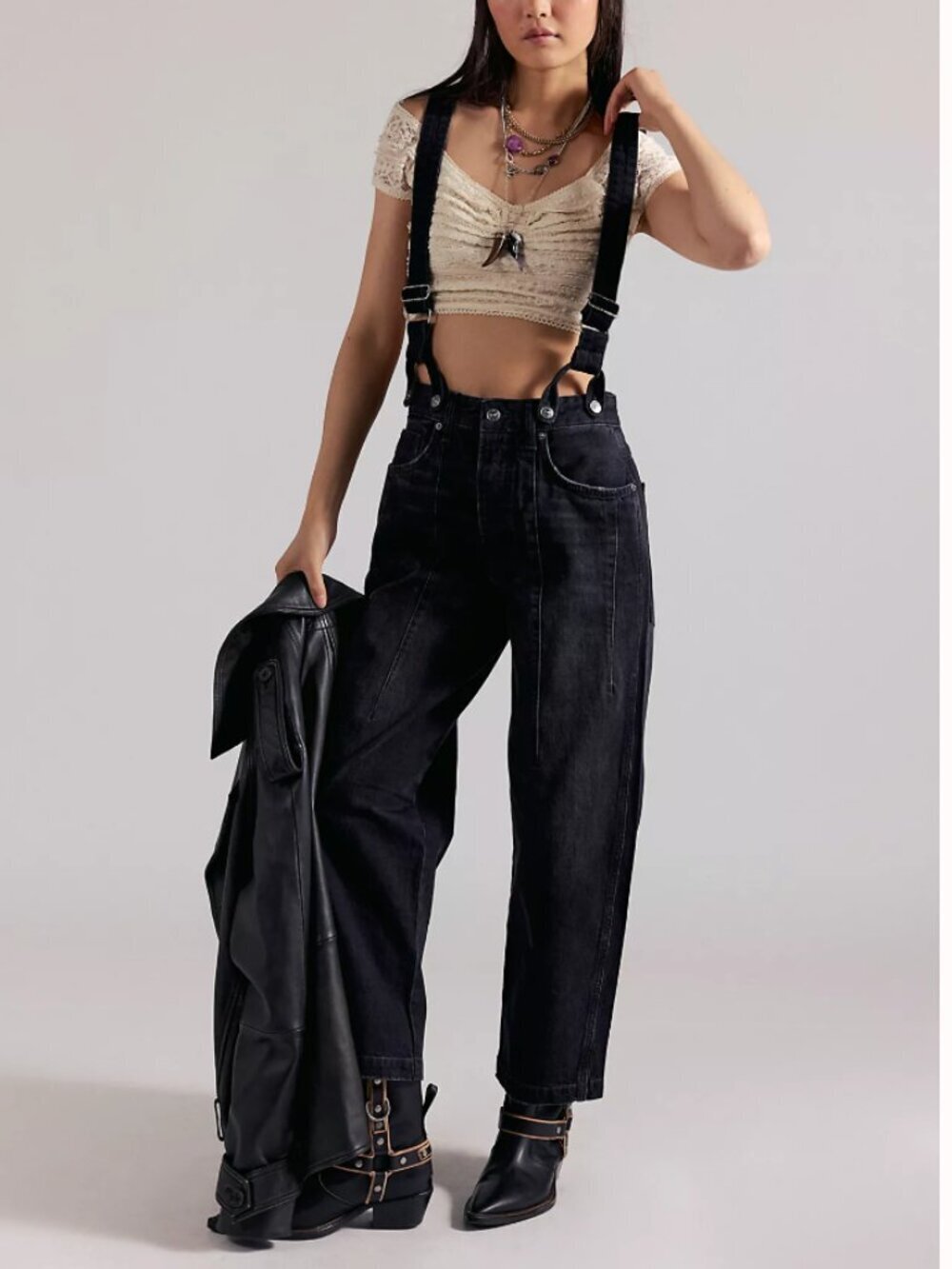 NWT Free People Berkley Suspender Jeans in Black